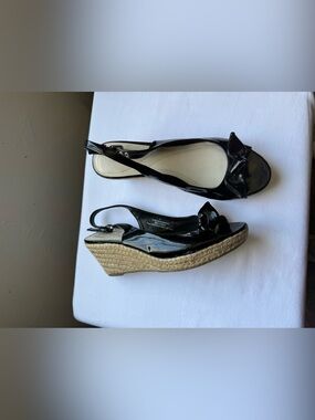 Y2K 2000s Merona Black Patent Slingback Peep-Toe Heels with Bow Accent Size 9